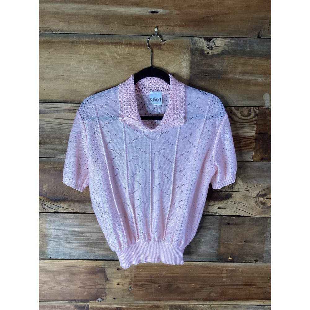 Vtg Pink Pointelle Short Sleeve Collared Sweater Pearl Detail Coquette Suivant